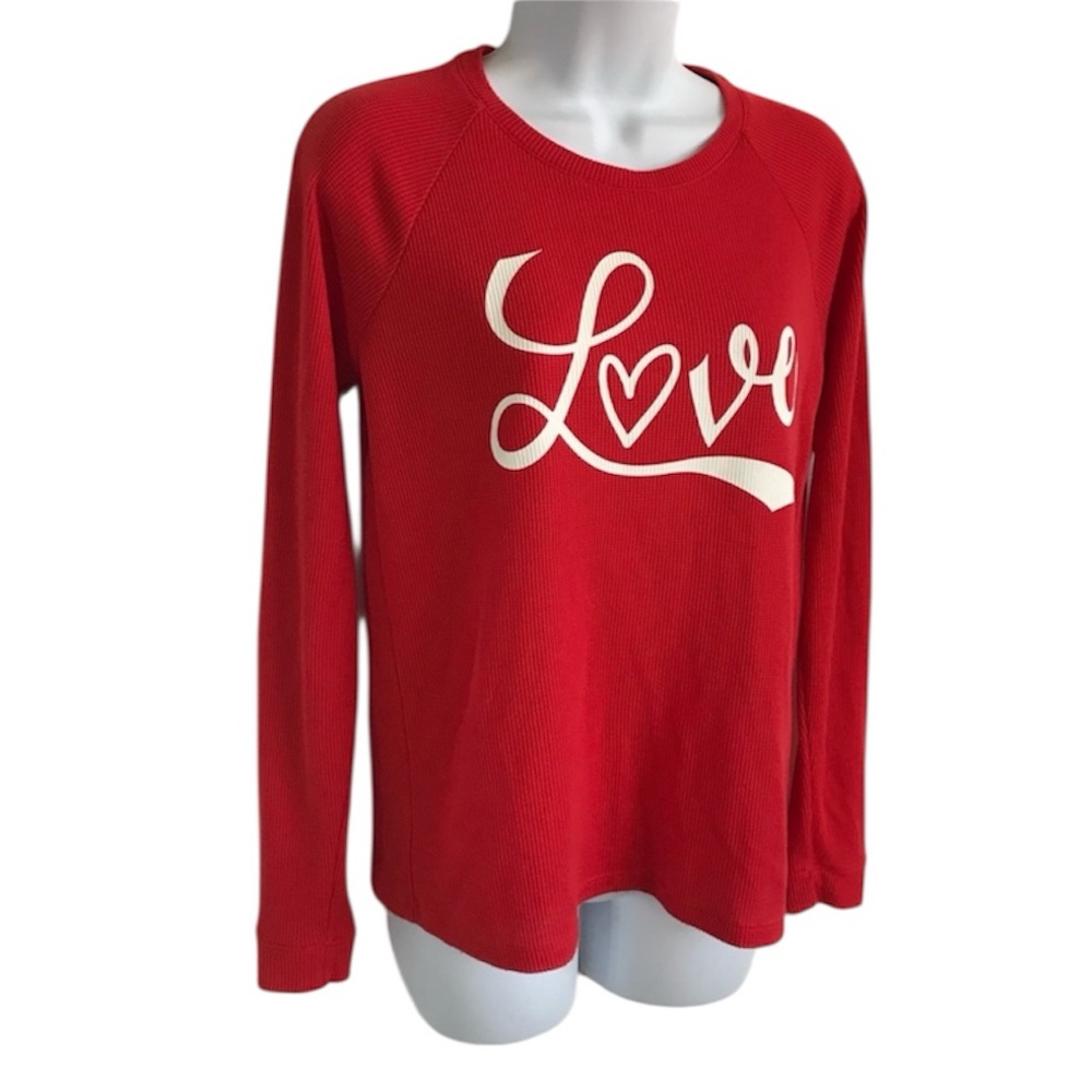 🔴 4/$15 SO Women’s XS Red Love Spellout LS Thermal PJ Pajama Shirt Top in EUC